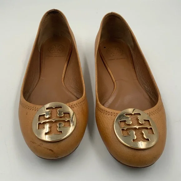 Tory Burch Tan Leather Ballet Flats with Gold Logo Medallion - Classic - Picture 1 of 9